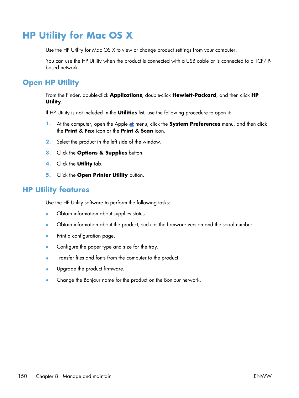Hp utility for mac os x, Open hp utility, Hp utility features | Open hp utility hp utility features | HP LaserJet Pro M521 Multifunction Printer series User Manual | Page 164 / 256
