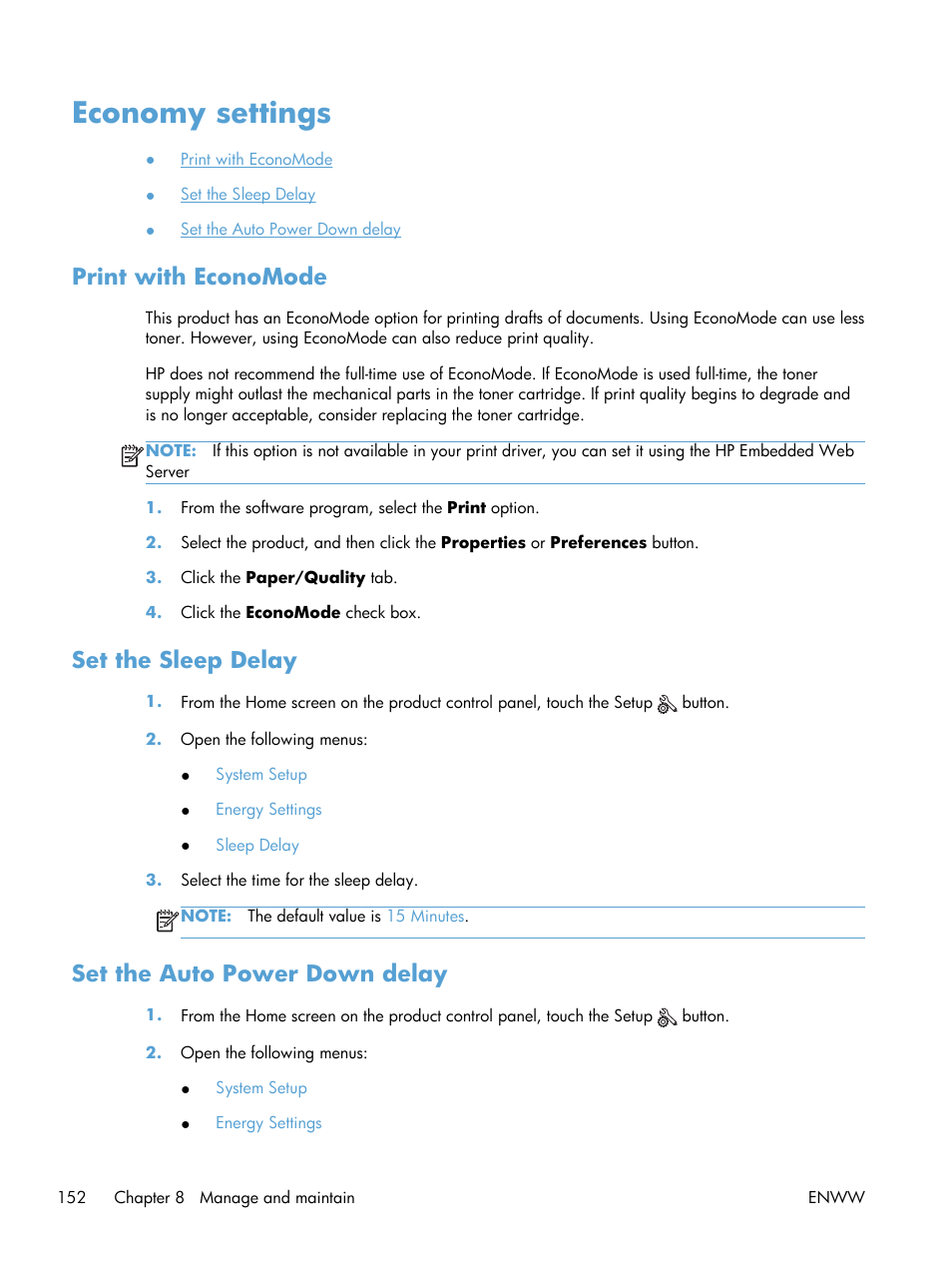 Economy settings, Print with economode, Set the sleep delay | Set the auto power down delay | HP LaserJet Pro M521 Multifunction Printer series User Manual | Page 166 / 256
