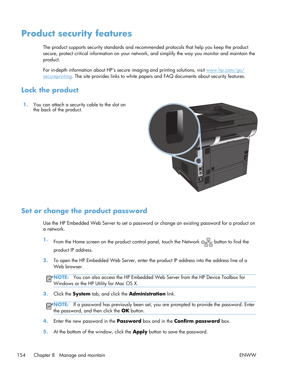 Product security features, Lock the product, Set or change the product password | HP LaserJet Pro M521 Multifunction Printer series User Manual | Page 168 / 256