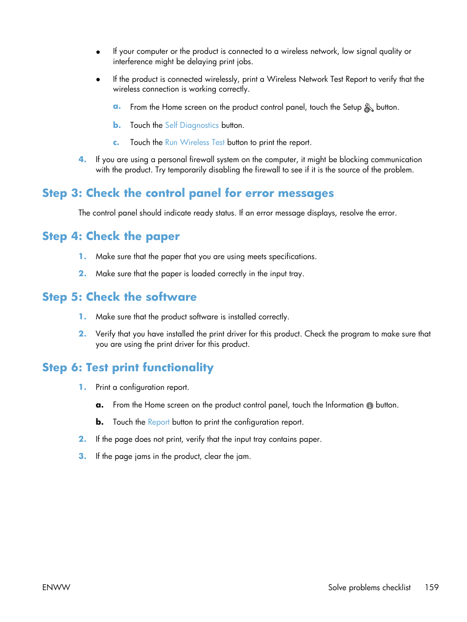Step 3: check the control panel for error messages, Step 4: check the paper, Step 5: check the software | Step 6: test print functionality | HP LaserJet Pro M521 Multifunction Printer series User Manual | Page 173 / 256