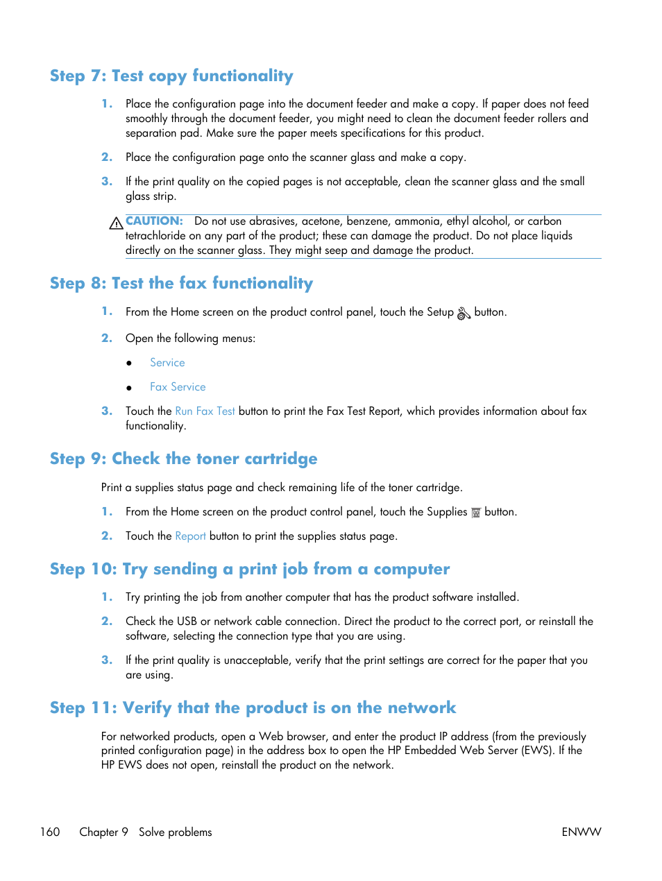 Step 7: test copy functionality, Step 8: test the fax functionality, Step 9: check the toner cartridge | Step 10: try sending a print job from a computer, Step 11: verify that the product is on the network | HP LaserJet Pro M521 Multifunction Printer series User Manual | Page 174 / 256