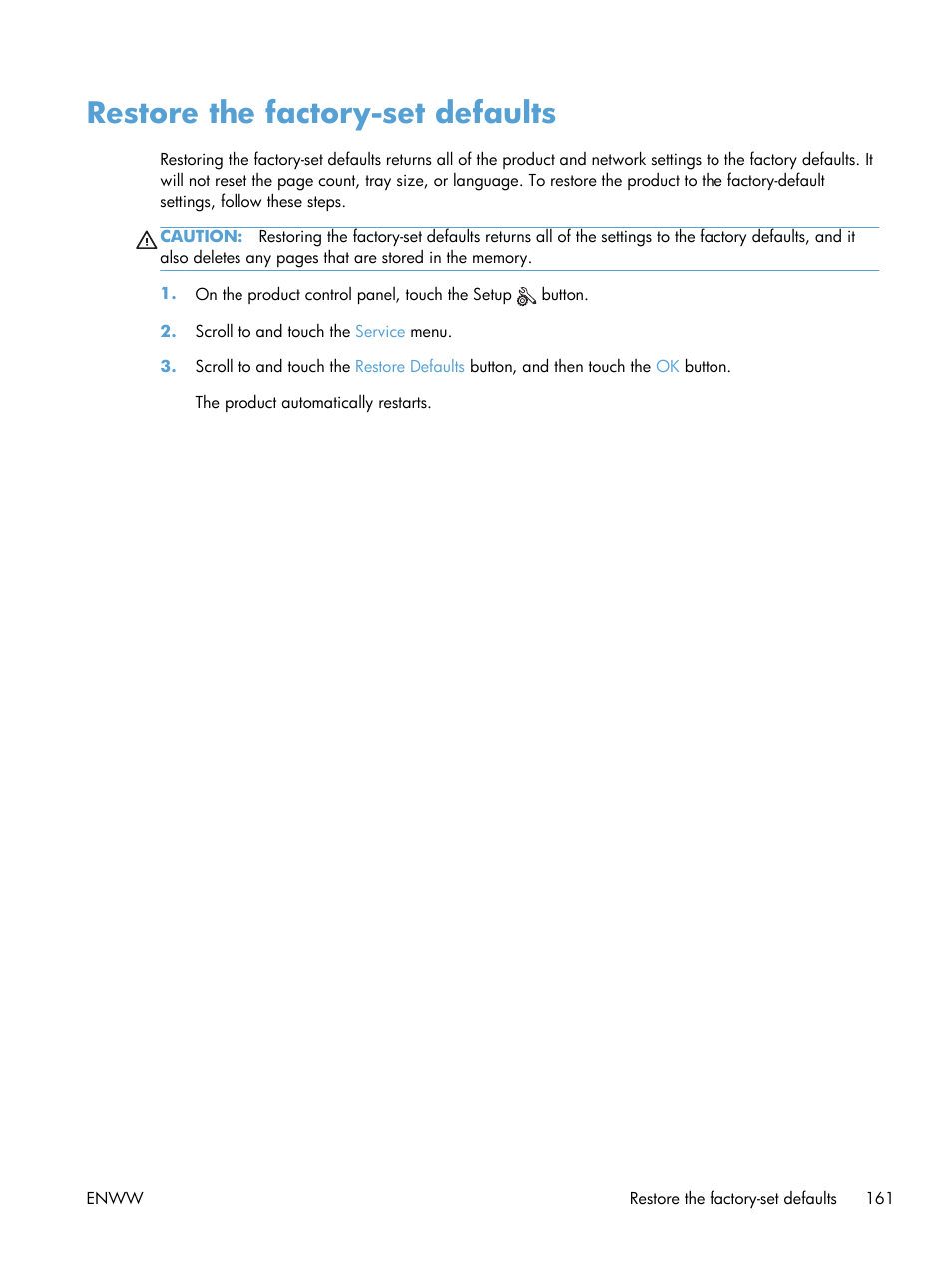 Restore the factory-set defaults | HP LaserJet Pro M521 Multifunction Printer series User Manual | Page 175 / 256