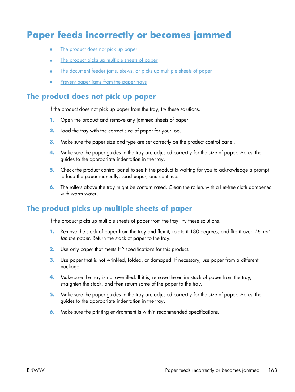Paper feeds incorrectly or becomes jammed, The product does not pick up paper, The product picks up multiple sheets of paper | HP LaserJet Pro M521 Multifunction Printer series User Manual | Page 177 / 256