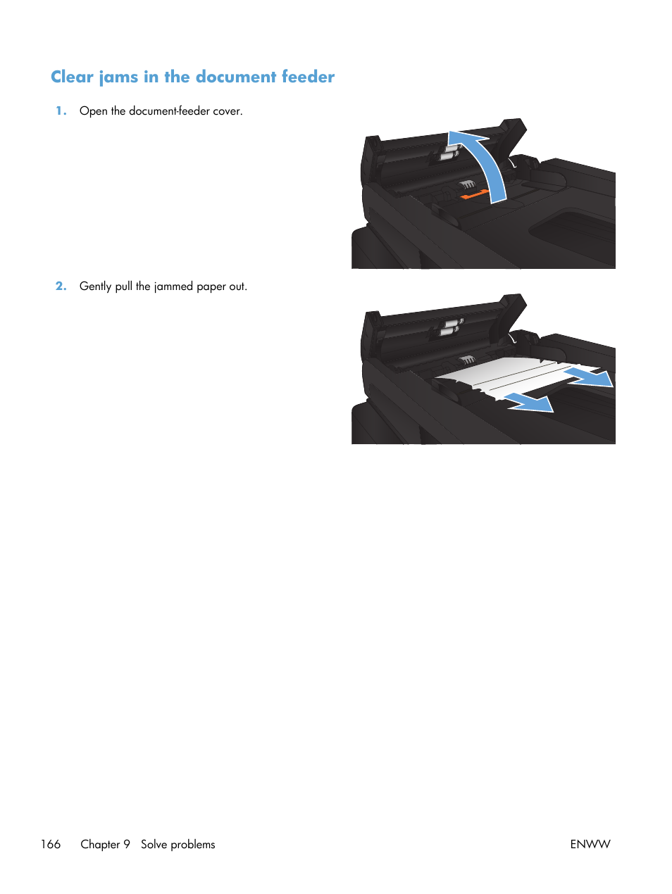Clear jams in the document feeder | HP LaserJet Pro M521 Multifunction Printer series User Manual | Page 180 / 256