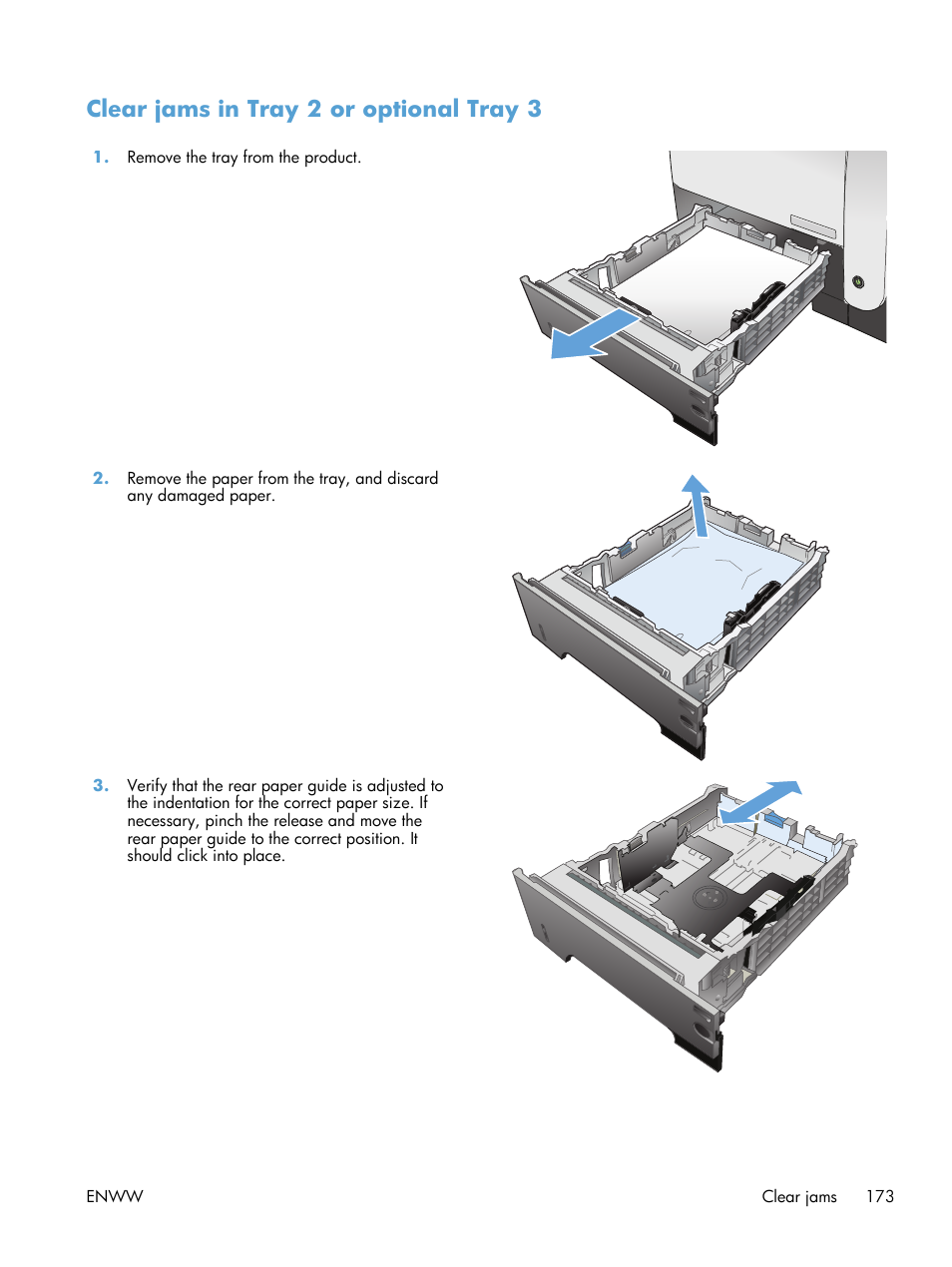 Clear jams in tray 2 or optional tray 3 | HP LaserJet Pro M521 Multifunction Printer series User Manual | Page 187 / 256
