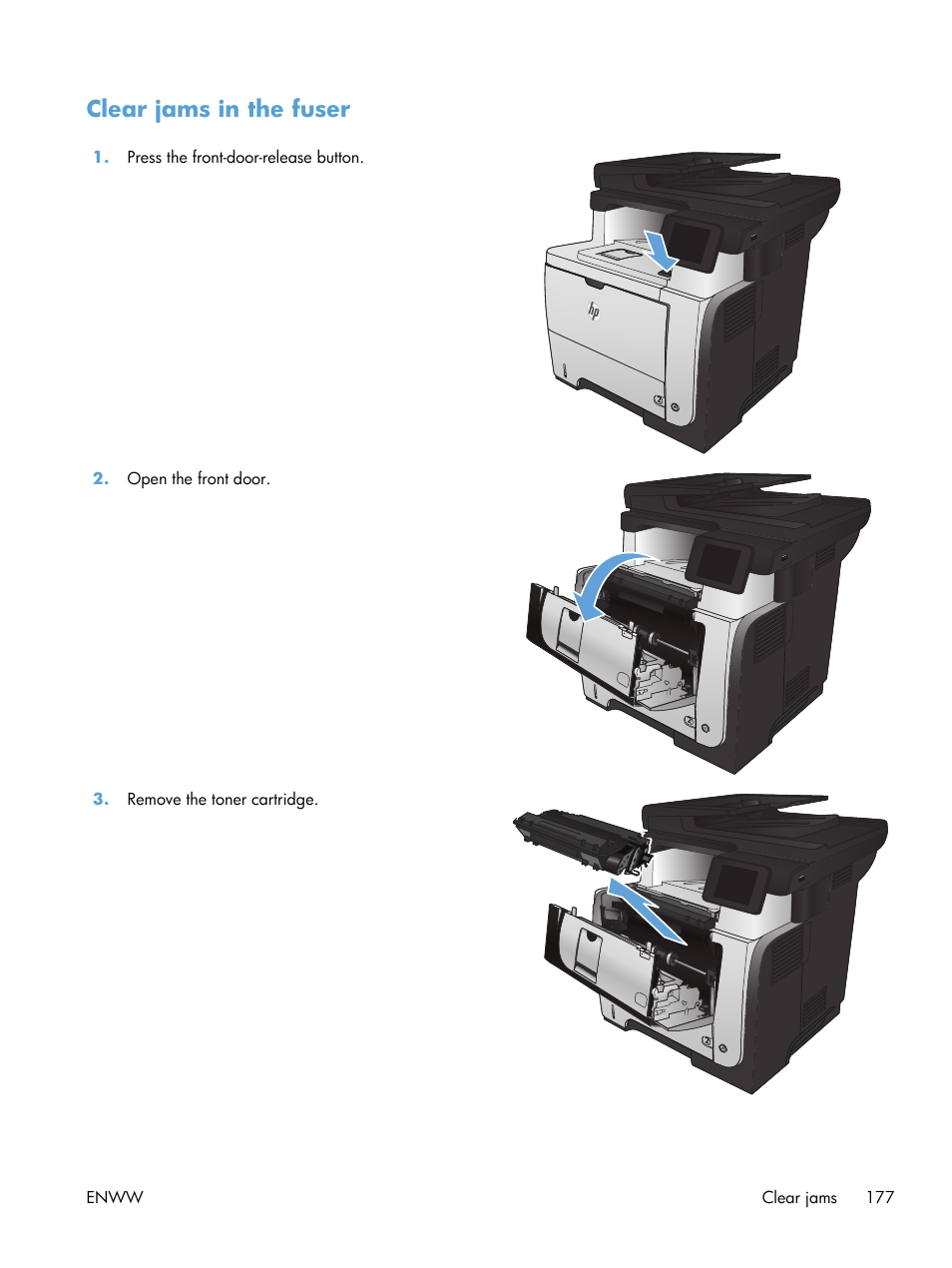 Clear jams in the fuser | HP LaserJet Pro M521 Multifunction Printer series User Manual | Page 191 / 256