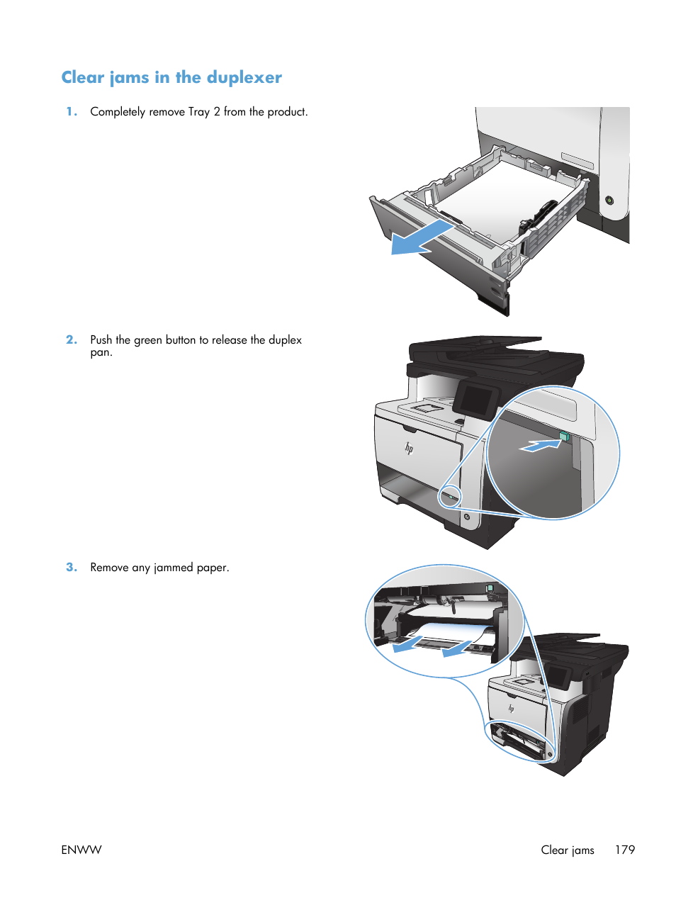 Clear jams in the duplexer | HP LaserJet Pro M521 Multifunction Printer series User Manual | Page 193 / 256