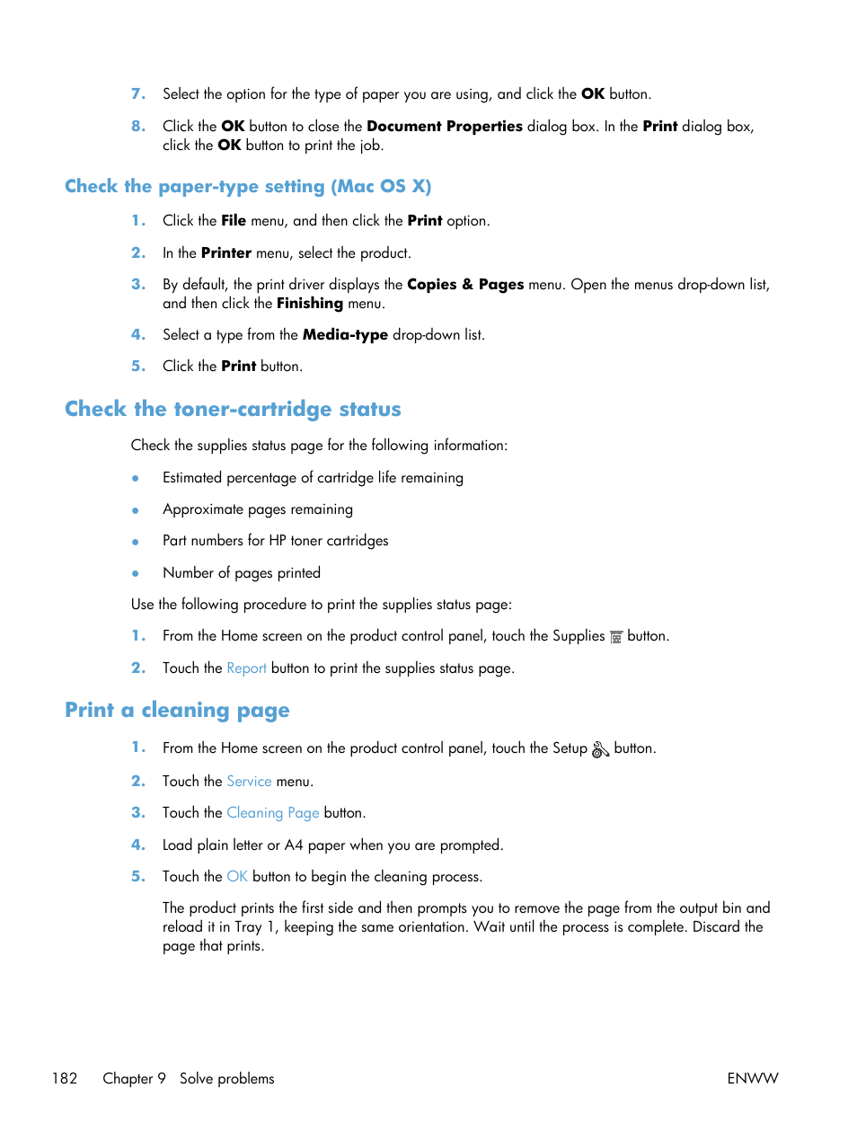 Check the paper-type setting (mac os x), Check the toner-cartridge status, Print a cleaning page | HP LaserJet Pro M521 Multifunction Printer series User Manual | Page 196 / 256