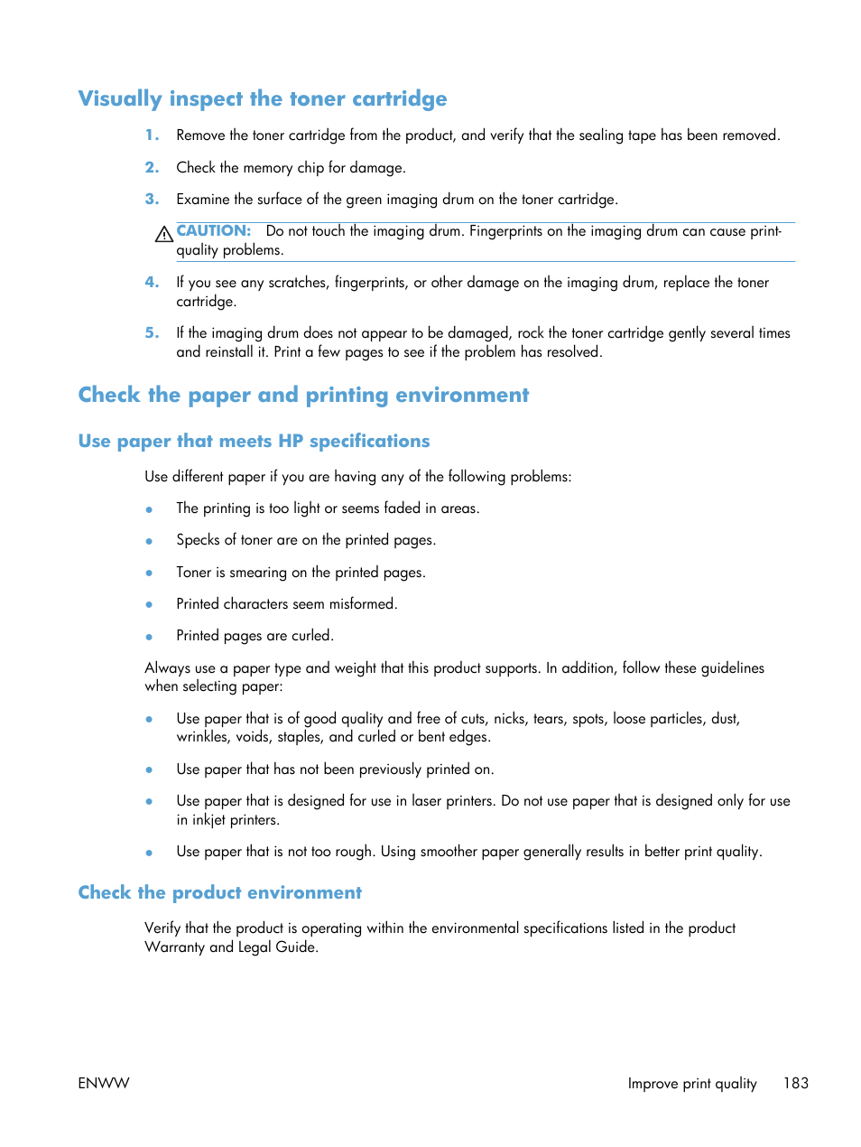 Visually inspect the toner cartridge, Check the paper and printing environment, Use paper that meets hp specifications | Check the product environment | HP LaserJet Pro M521 Multifunction Printer series User Manual | Page 197 / 256