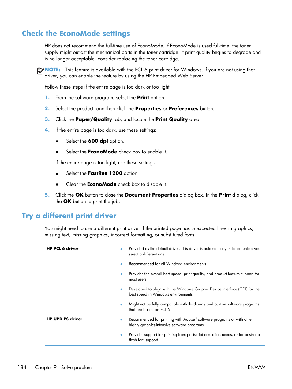 Check the economode settings, Try a different print driver | HP LaserJet Pro M521 Multifunction Printer series User Manual | Page 198 / 256