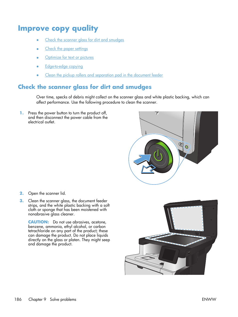 Improve copy quality, Check the scanner glass for dirt and smudges | HP LaserJet Pro M521 Multifunction Printer series User Manual | Page 200 / 256