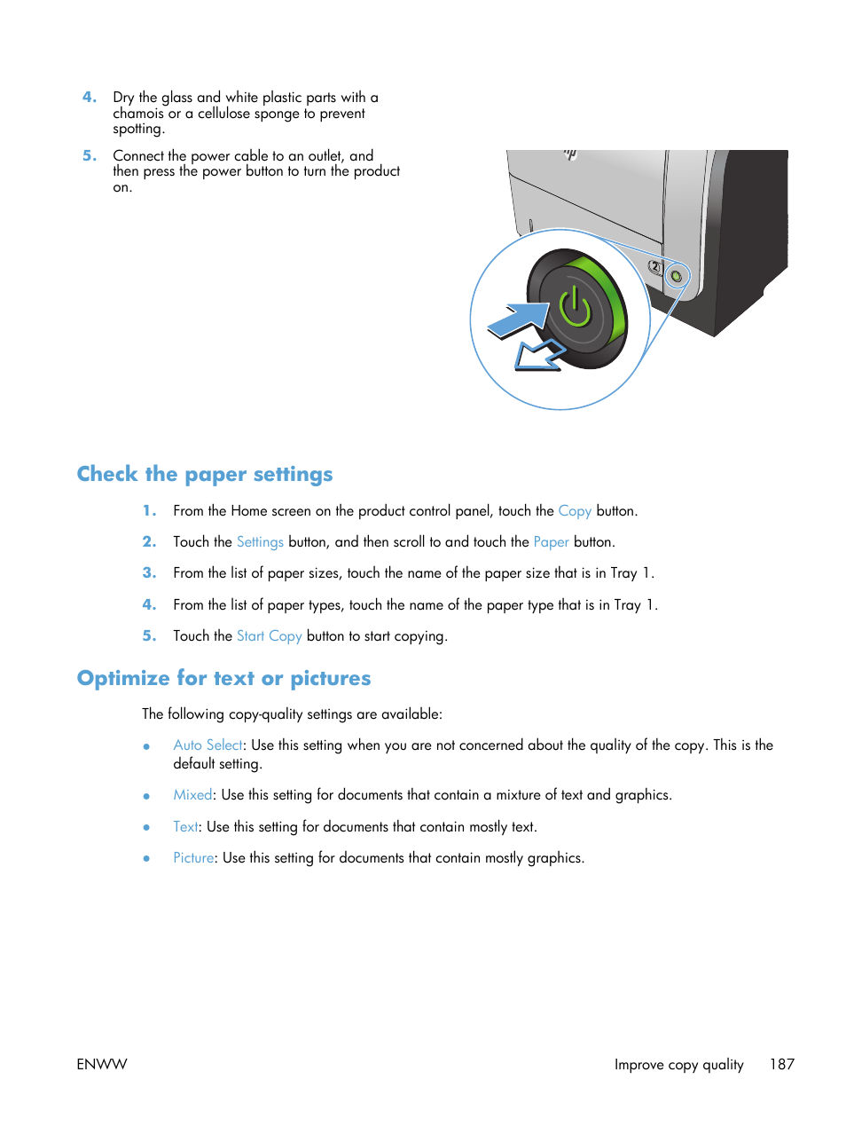 Check the paper settings, Optimize for text or pictures | HP LaserJet Pro M521 Multifunction Printer series User Manual | Page 201 / 256