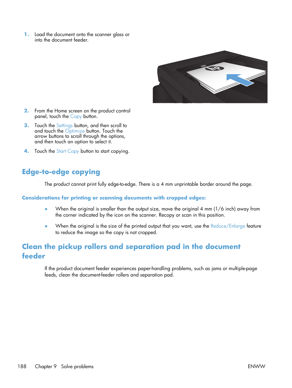 Edge-to-edge copying | HP LaserJet Pro M521 Multifunction Printer series User Manual | Page 202 / 256