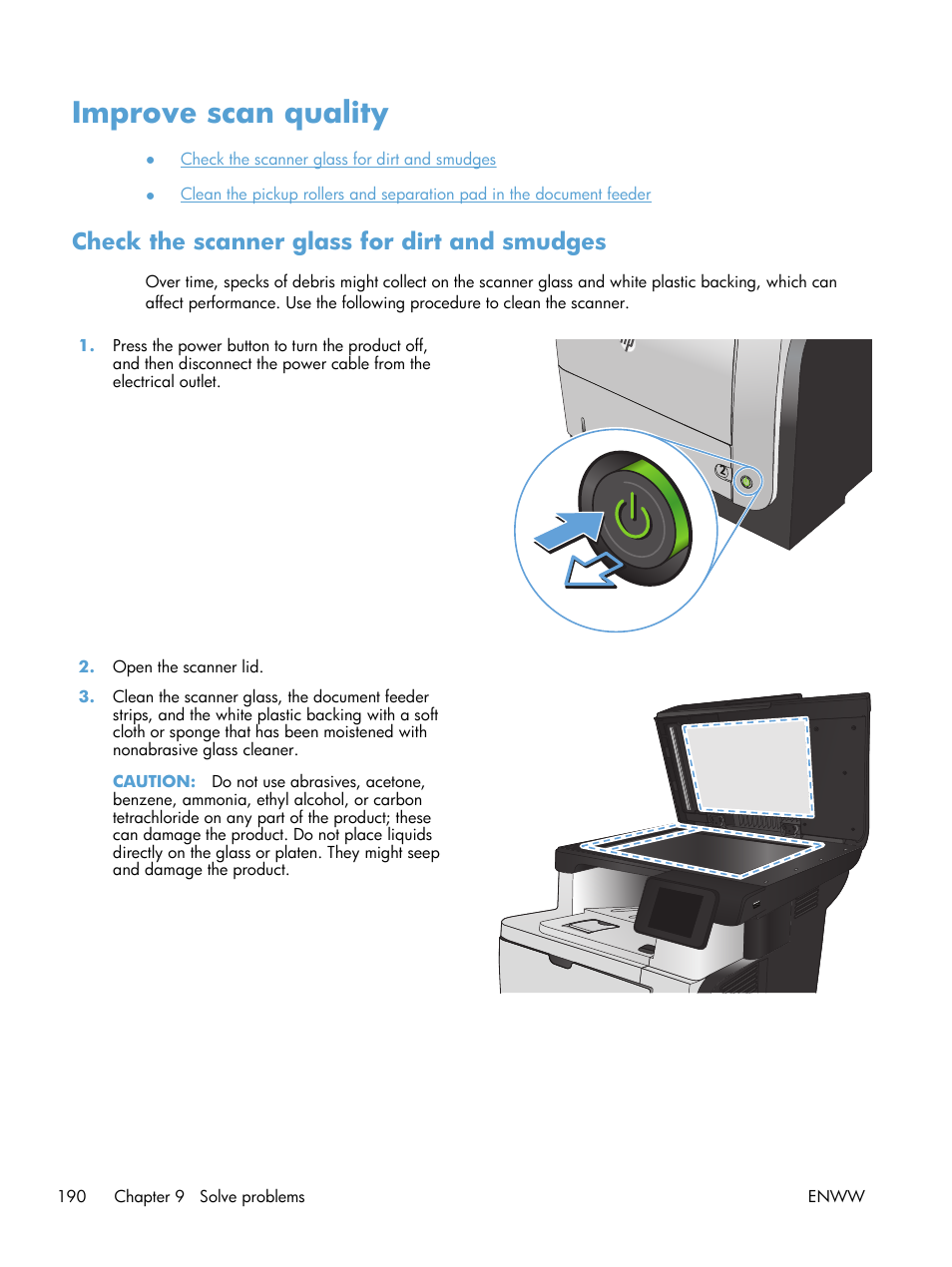 Improve scan quality, Check the scanner glass for dirt and smudges | HP LaserJet Pro M521 Multifunction Printer series User Manual | Page 204 / 256