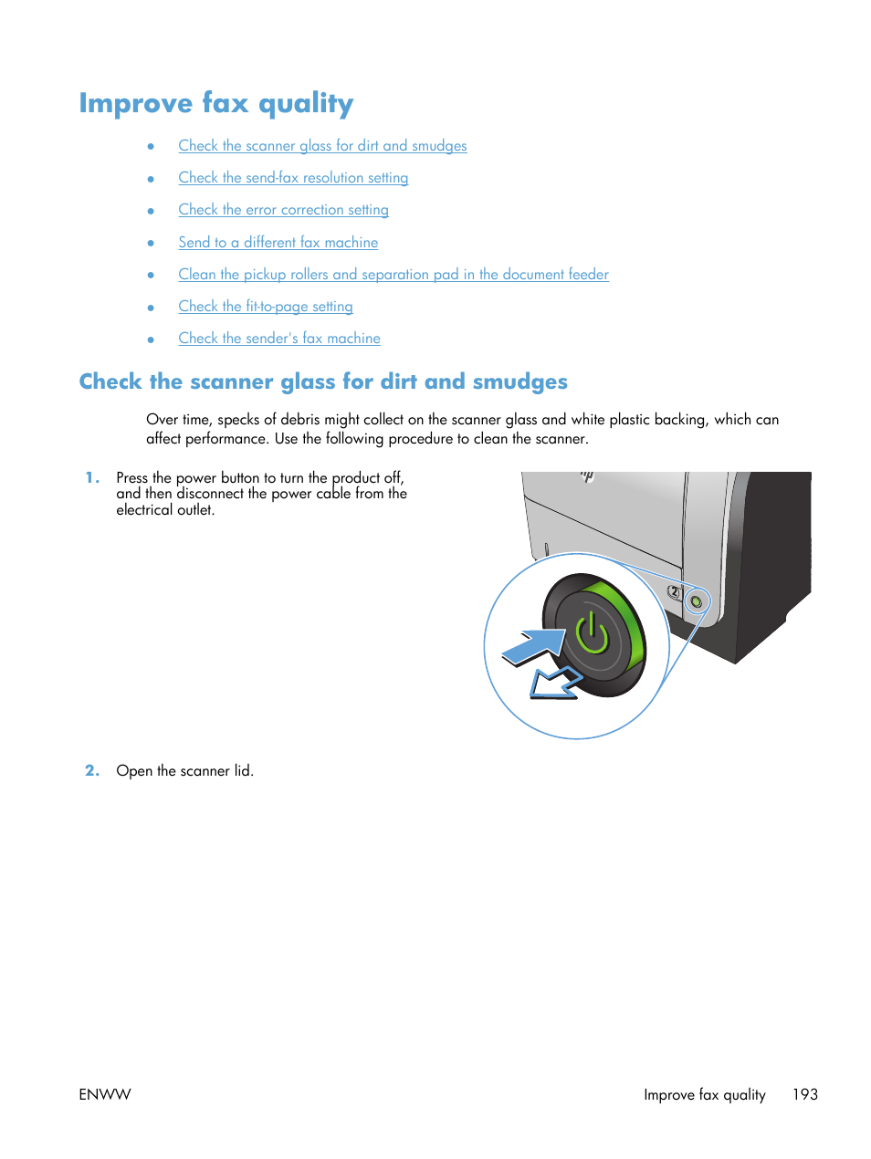 Improve fax quality, Check the scanner glass for dirt and smudges | HP LaserJet Pro M521 Multifunction Printer series User Manual | Page 207 / 256