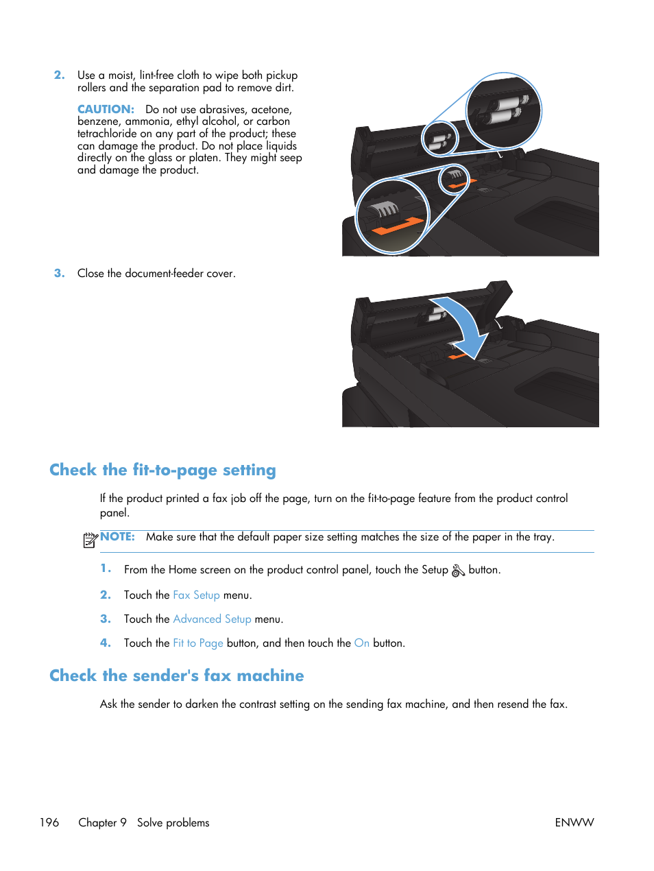 Check the sender's fax machine, Check the fit-to-page setting | HP LaserJet Pro M521 Multifunction Printer series User Manual | Page 210 / 256