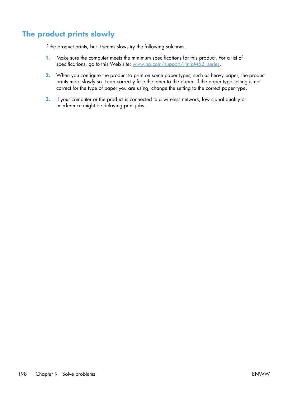 The product prints slowly | HP LaserJet Pro M521 Multifunction Printer series User Manual | Page 212 / 256