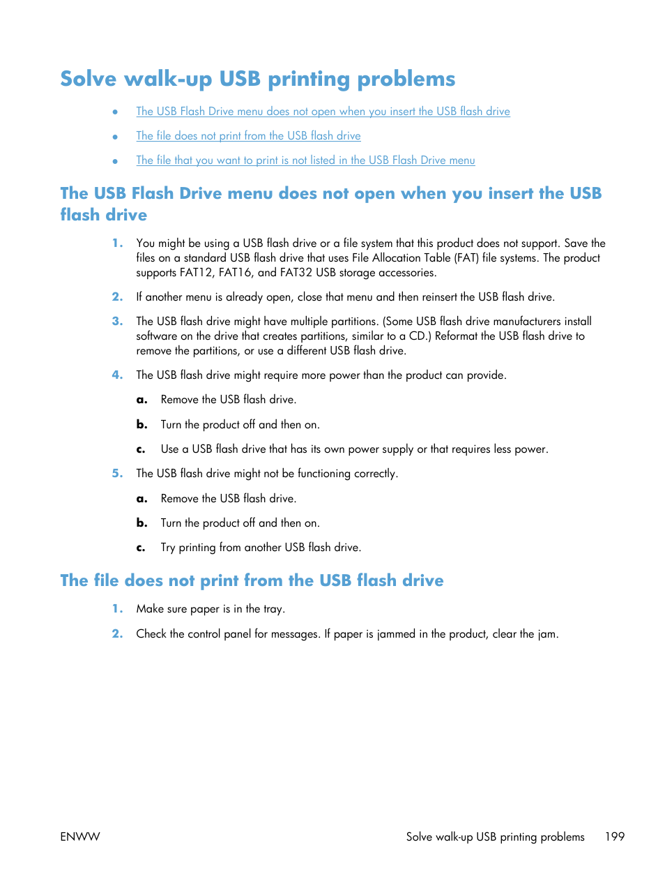Solve walk-up usb printing problems, The file does not print from the usb flash drive | HP LaserJet Pro M521 Multifunction Printer series User Manual | Page 213 / 256