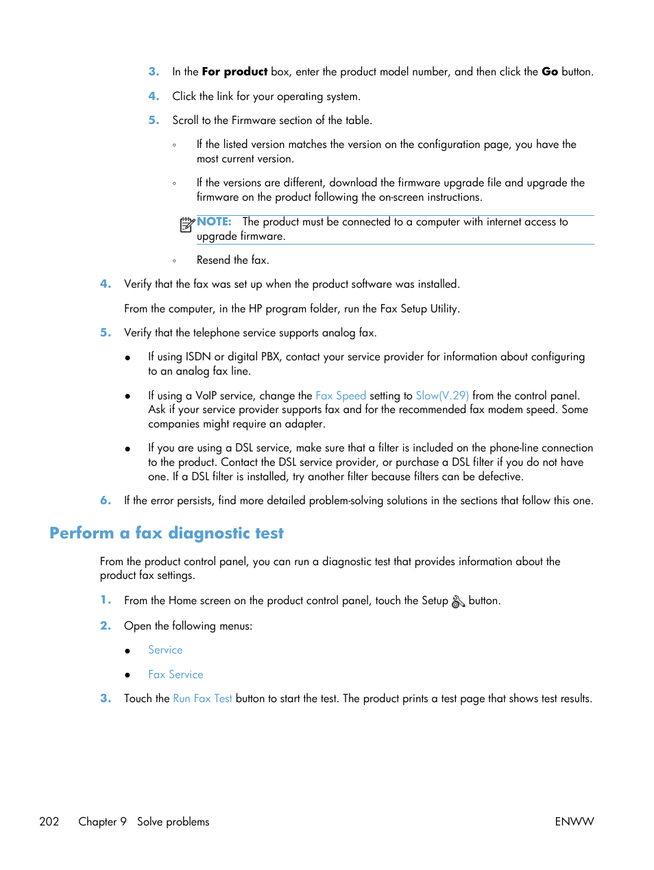 Perform a fax diagnostic test | HP LaserJet Pro M521 Multifunction Printer series User Manual | Page 216 / 256