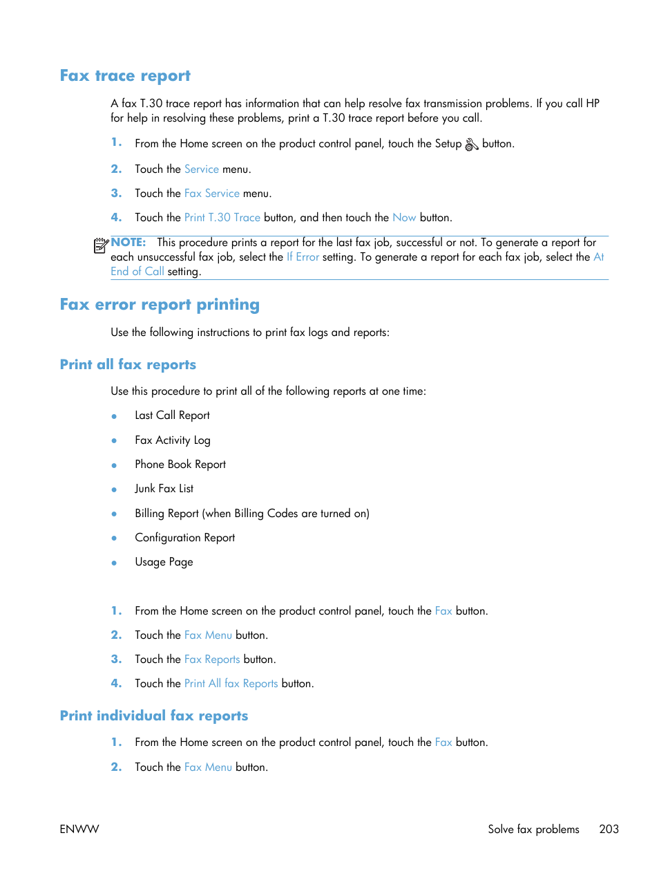 Fax trace report, Fax error report printing, Print all fax reports | Print individual fax reports, Fax trace report fax error report printing, Print all fax reports print individual fax reports | HP LaserJet Pro M521 Multifunction Printer series User Manual | Page 217 / 256