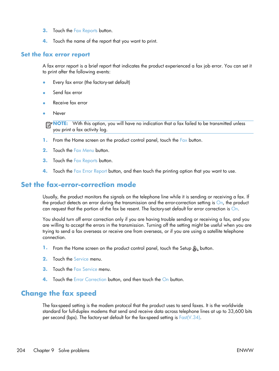 Set the fax error report, Set the fax-error-correction mode, Change the fax speed | HP LaserJet Pro M521 Multifunction Printer series User Manual | Page 218 / 256