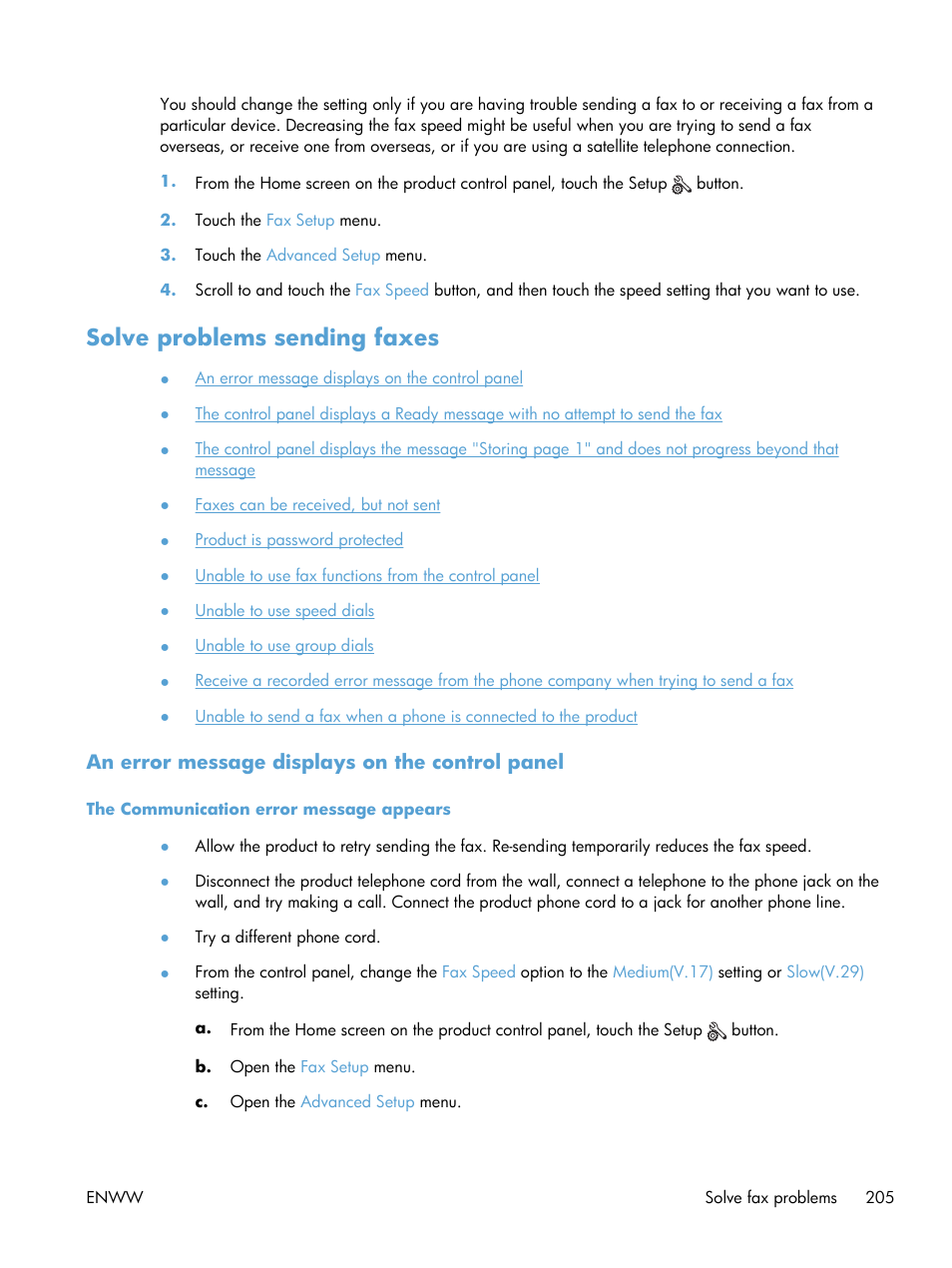 Solve problems sending faxes, An error message displays on the control panel, The communication error message appears | HP LaserJet Pro M521 Multifunction Printer series User Manual | Page 219 / 256