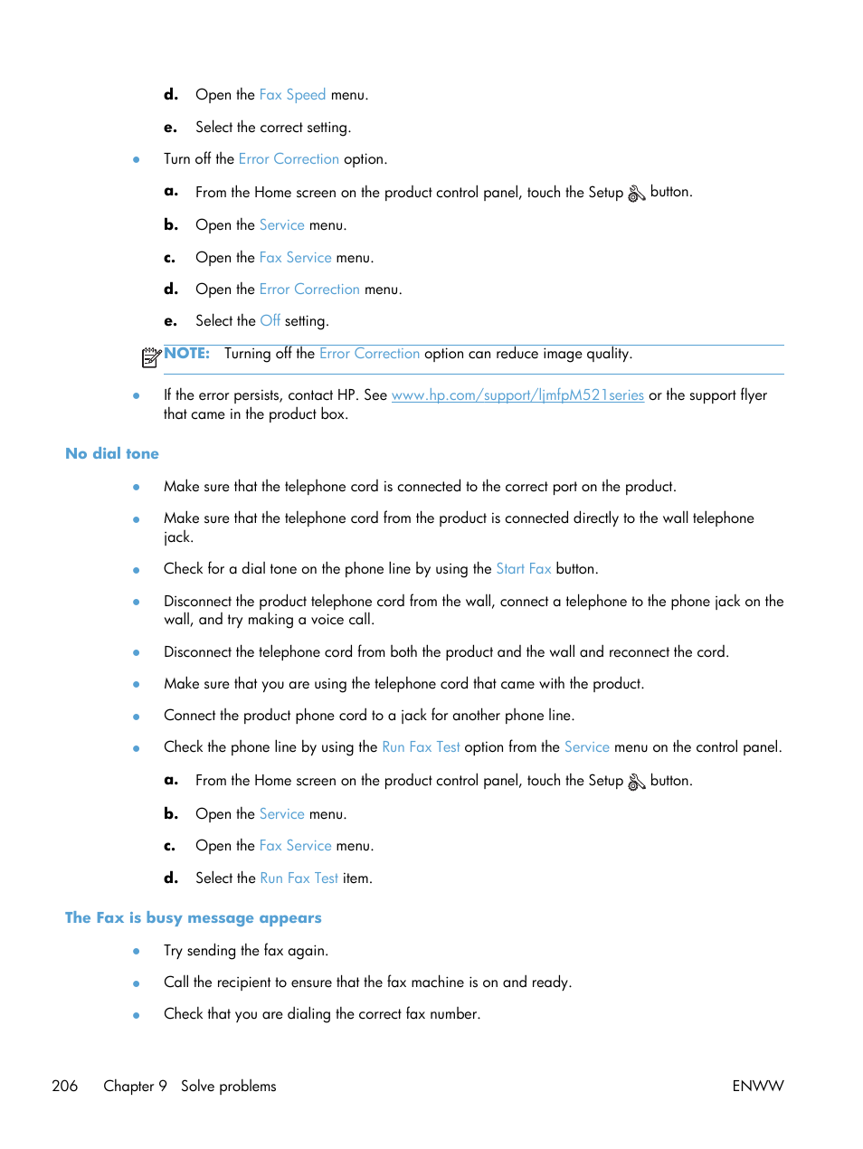 No dial tone, The fax is busy message appears, No dial tone the fax is busy message appears | HP LaserJet Pro M521 Multifunction Printer series User Manual | Page 220 / 256