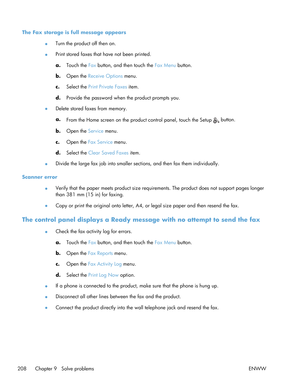The fax storage is full message appears, Scanner error | HP LaserJet Pro M521 Multifunction Printer series User Manual | Page 222 / 256