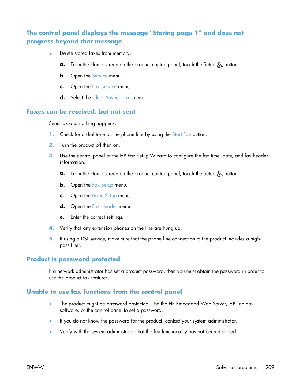 Faxes can be received, but not sent, Product is password protected, Unable to use fax functions from the control panel | Message | HP LaserJet Pro M521 Multifunction Printer series User Manual | Page 223 / 256