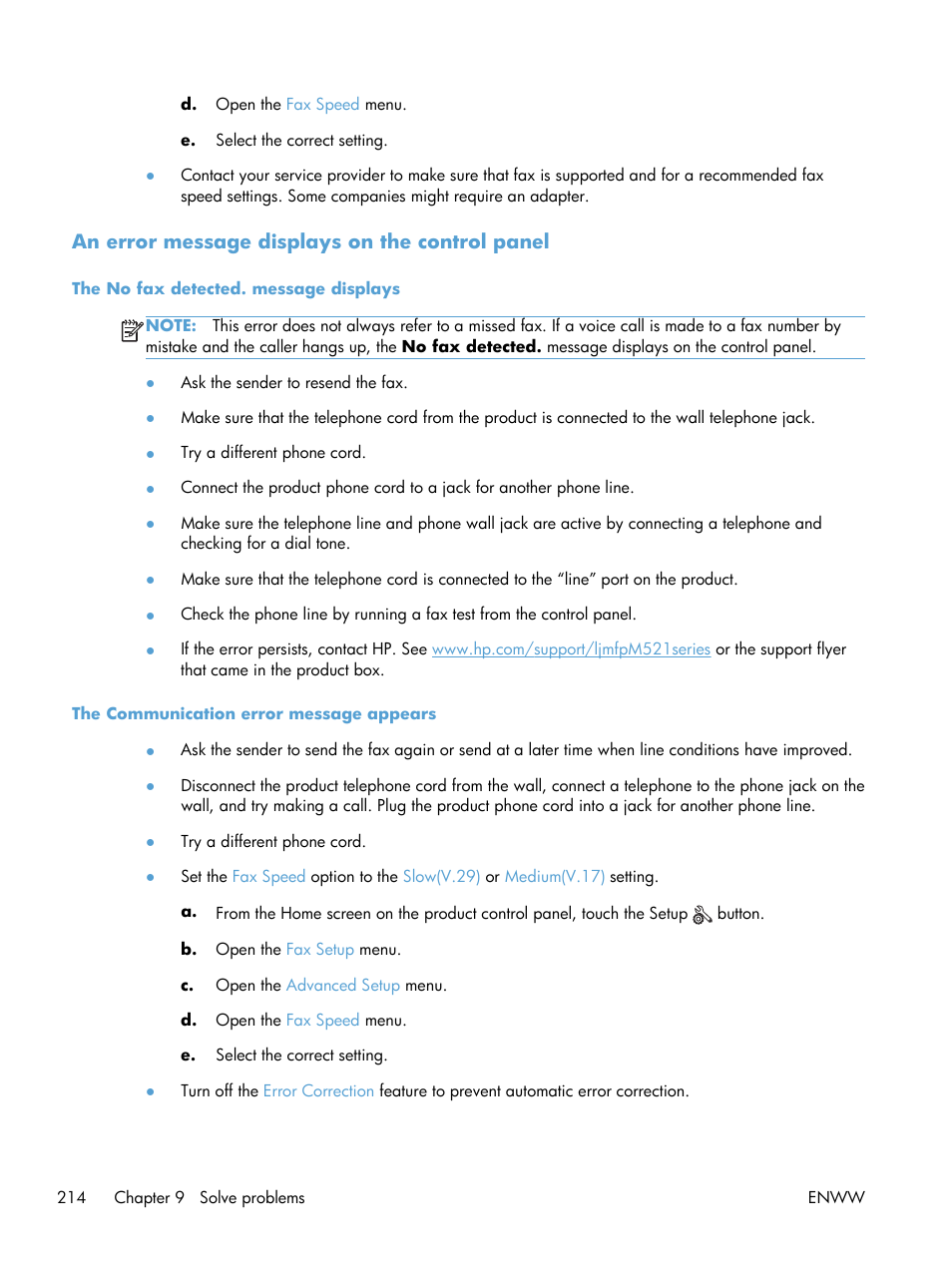 An error message displays on the control panel, The no fax detected. message displays, The communication error message appears | HP LaserJet Pro M521 Multifunction Printer series User Manual | Page 228 / 256