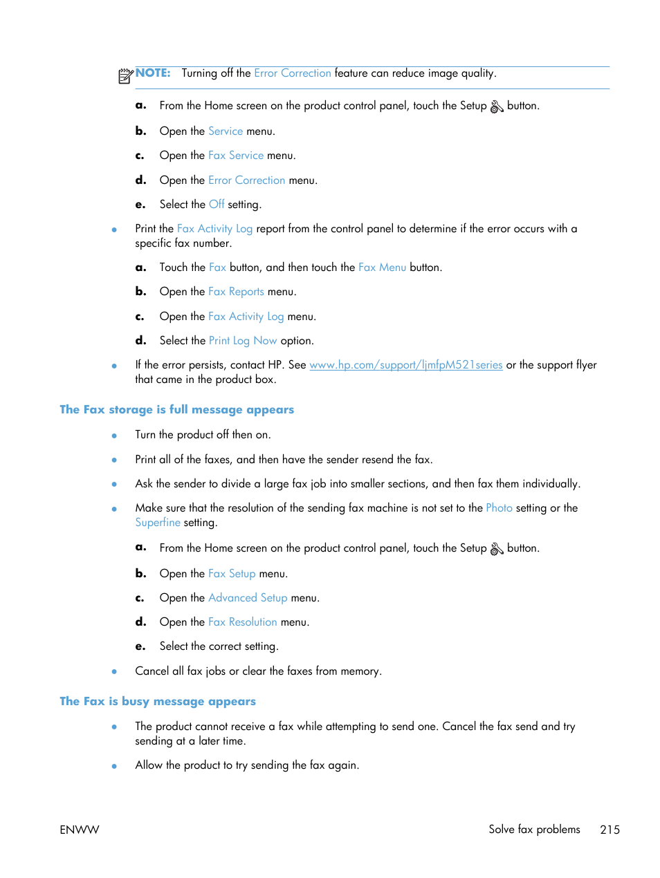 The fax storage is full message appears, The fax is busy message appears | HP LaserJet Pro M521 Multifunction Printer series User Manual | Page 229 / 256