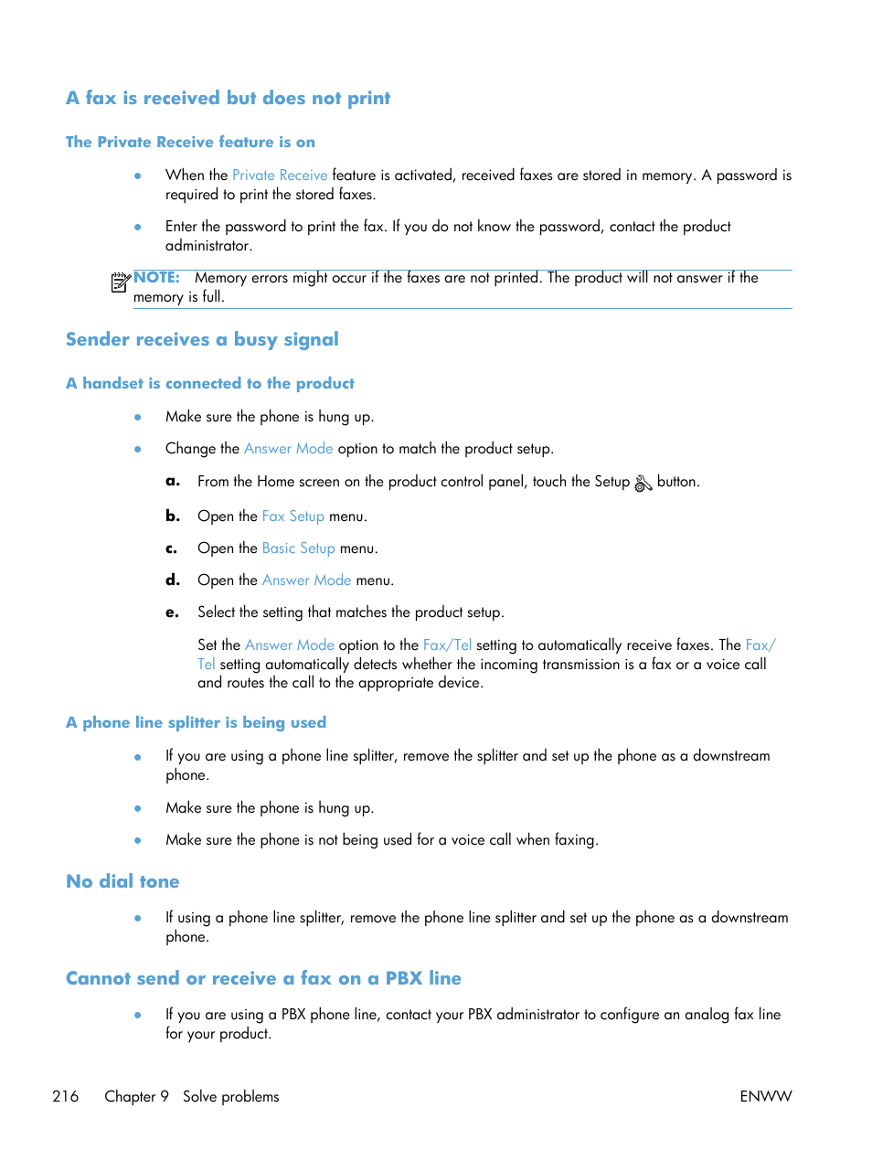 A fax is received but does not print, The private receive feature is on, Sender receives a busy signal | A handset is connected to the product, A phone line splitter is being used, No dial tone, Cannot send or receive a fax on a pbx line | HP LaserJet Pro M521 Multifunction Printer series User Manual | Page 230 / 256