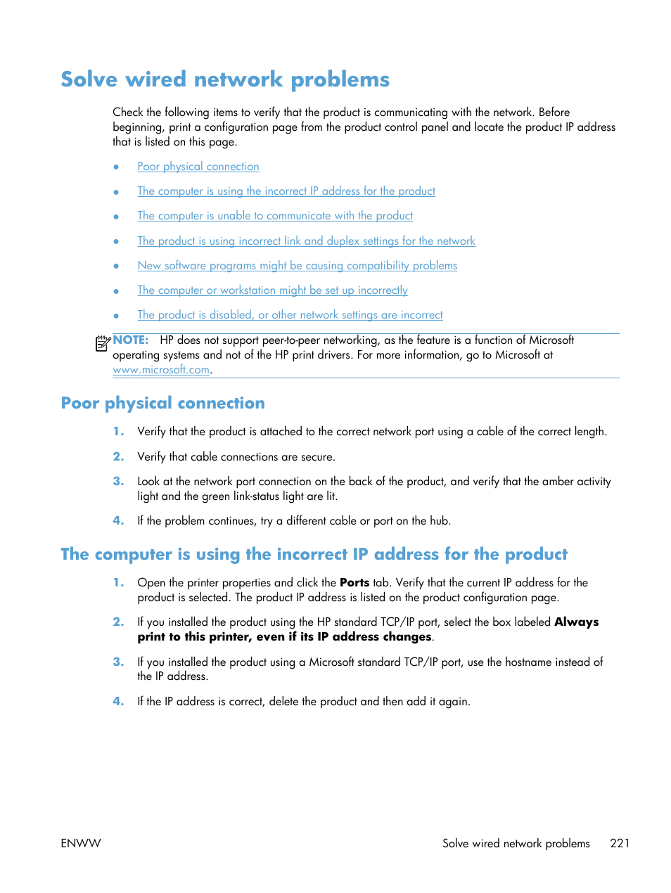 Solve wired network problems, Poor physical connection | HP LaserJet Pro M521 Multifunction Printer series User Manual | Page 235 / 256