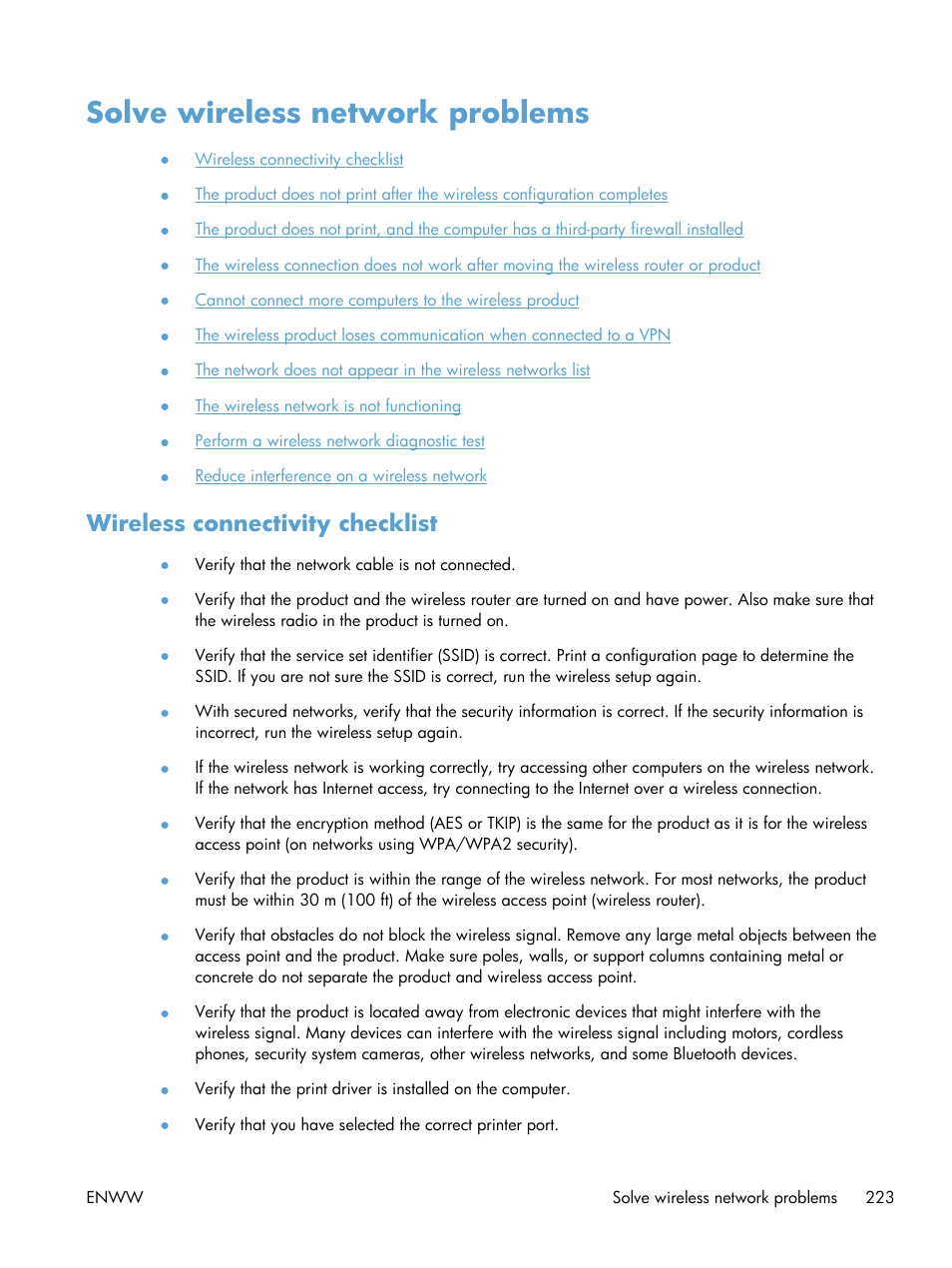 Solve wireless network problems, Wireless connectivity checklist | HP LaserJet Pro M521 Multifunction Printer series User Manual | Page 237 / 256