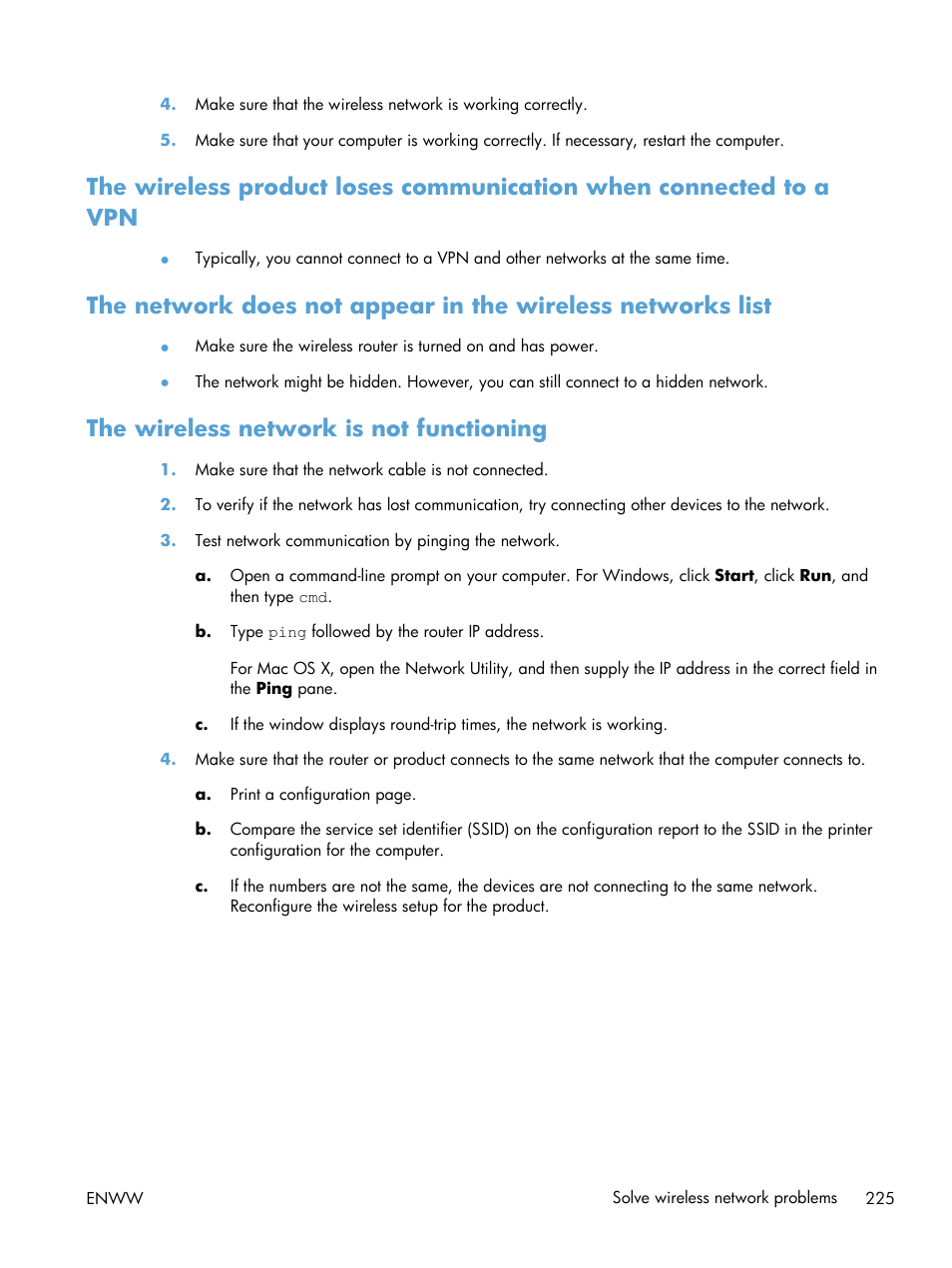 The wireless network is not functioning | HP LaserJet Pro M521 Multifunction Printer series User Manual | Page 239 / 256