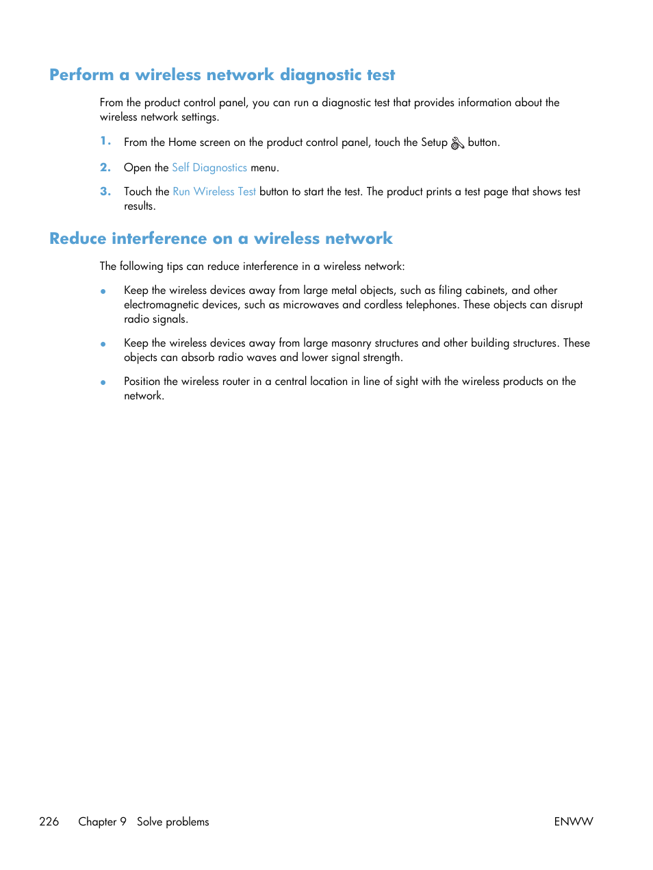 Perform a wireless network diagnostic test, Reduce interference on a wireless network | HP LaserJet Pro M521 Multifunction Printer series User Manual | Page 240 / 256