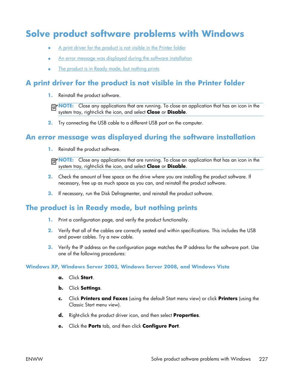 Solve product software problems with windows, The product is in ready mode, but nothing prints | HP LaserJet Pro M521 Multifunction Printer series User Manual | Page 241 / 256