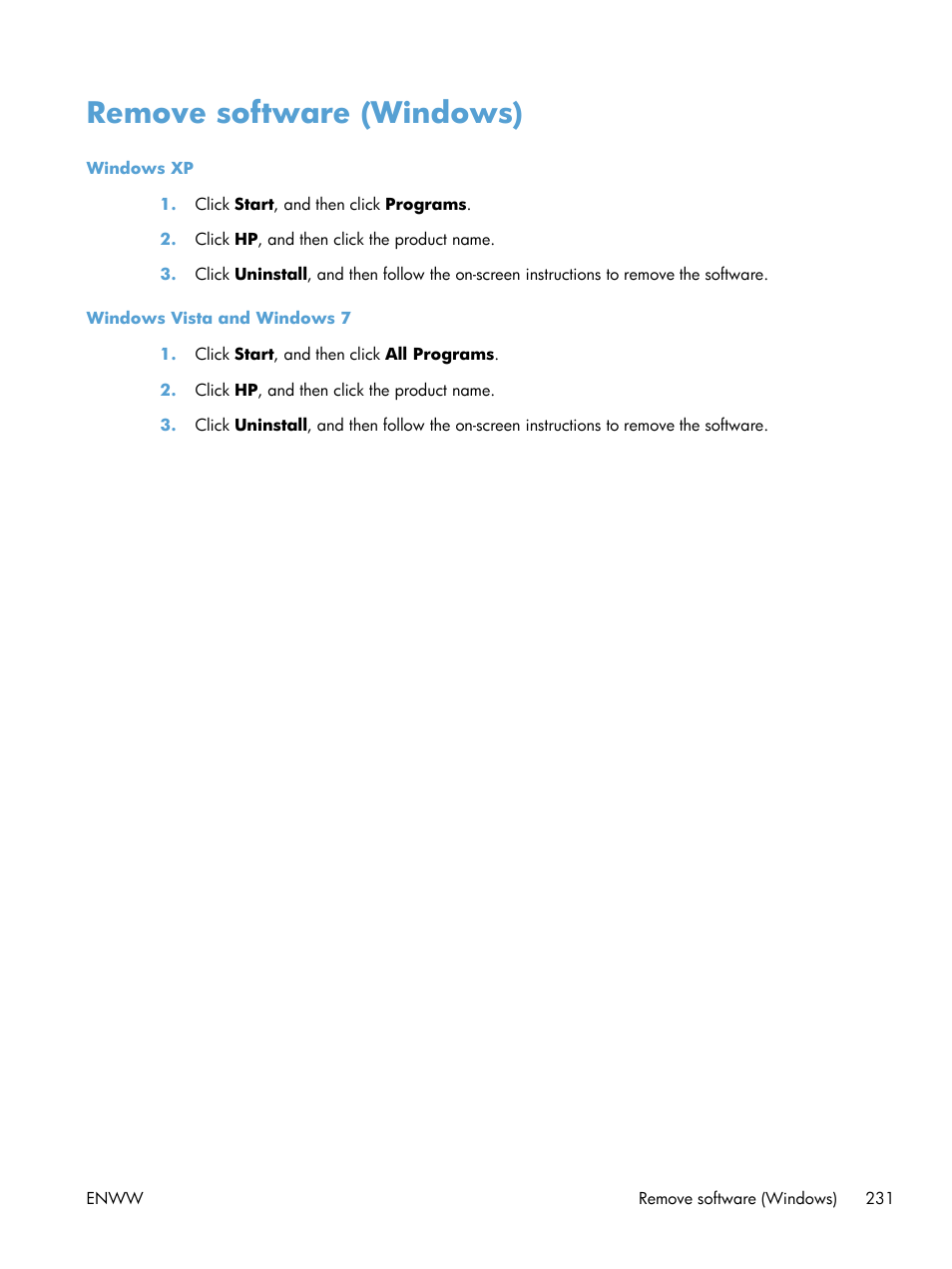 Remove software (windows) | HP LaserJet Pro M521 Multifunction Printer series User Manual | Page 245 / 256