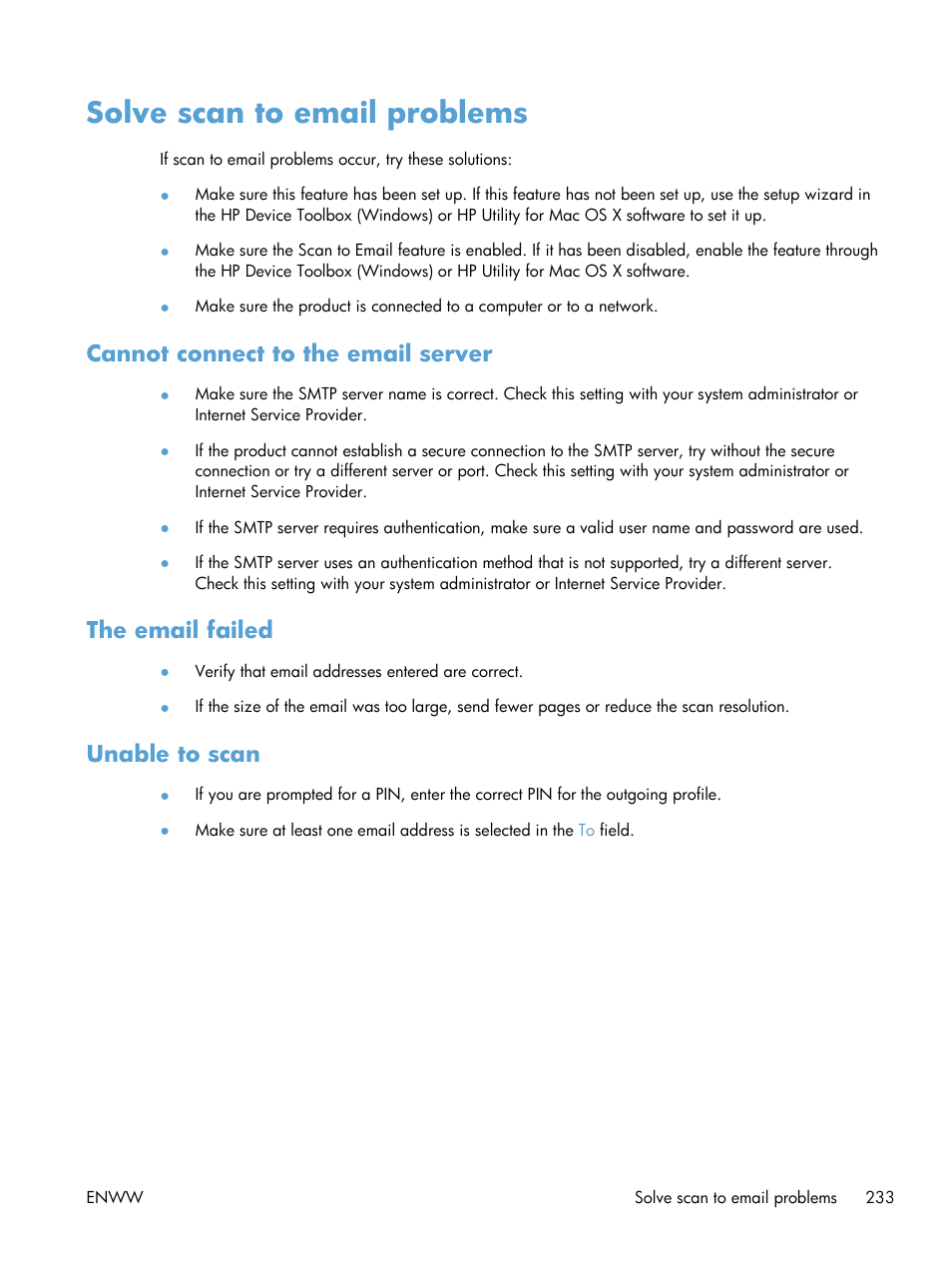 Solve scan to email problems, Cannot connect to the email server, The email failed | Unable to scan | HP LaserJet Pro M521 Multifunction Printer series User Manual | Page 247 / 256