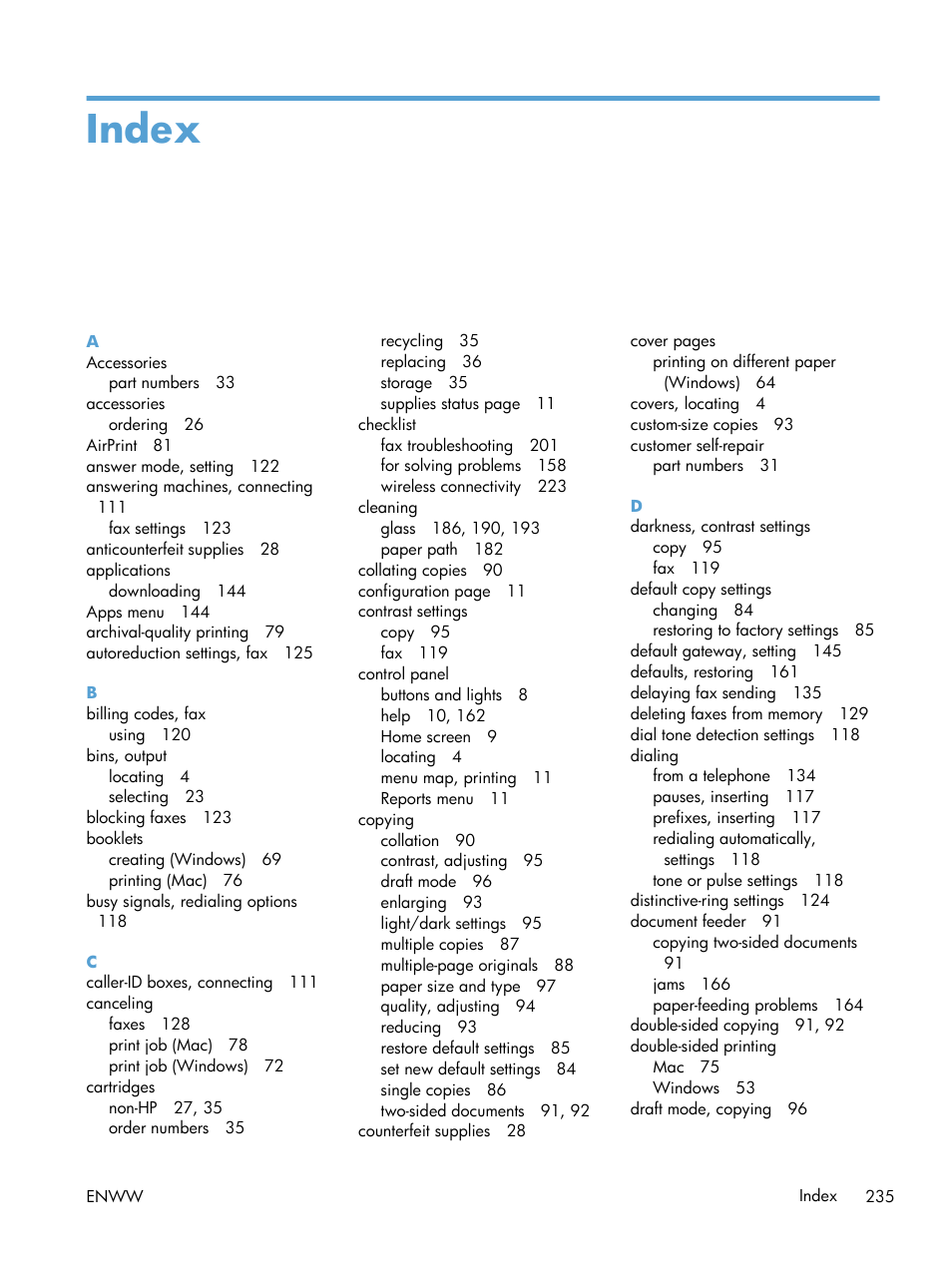 Index | HP LaserJet Pro M521 Multifunction Printer series User Manual | Page 249 / 256