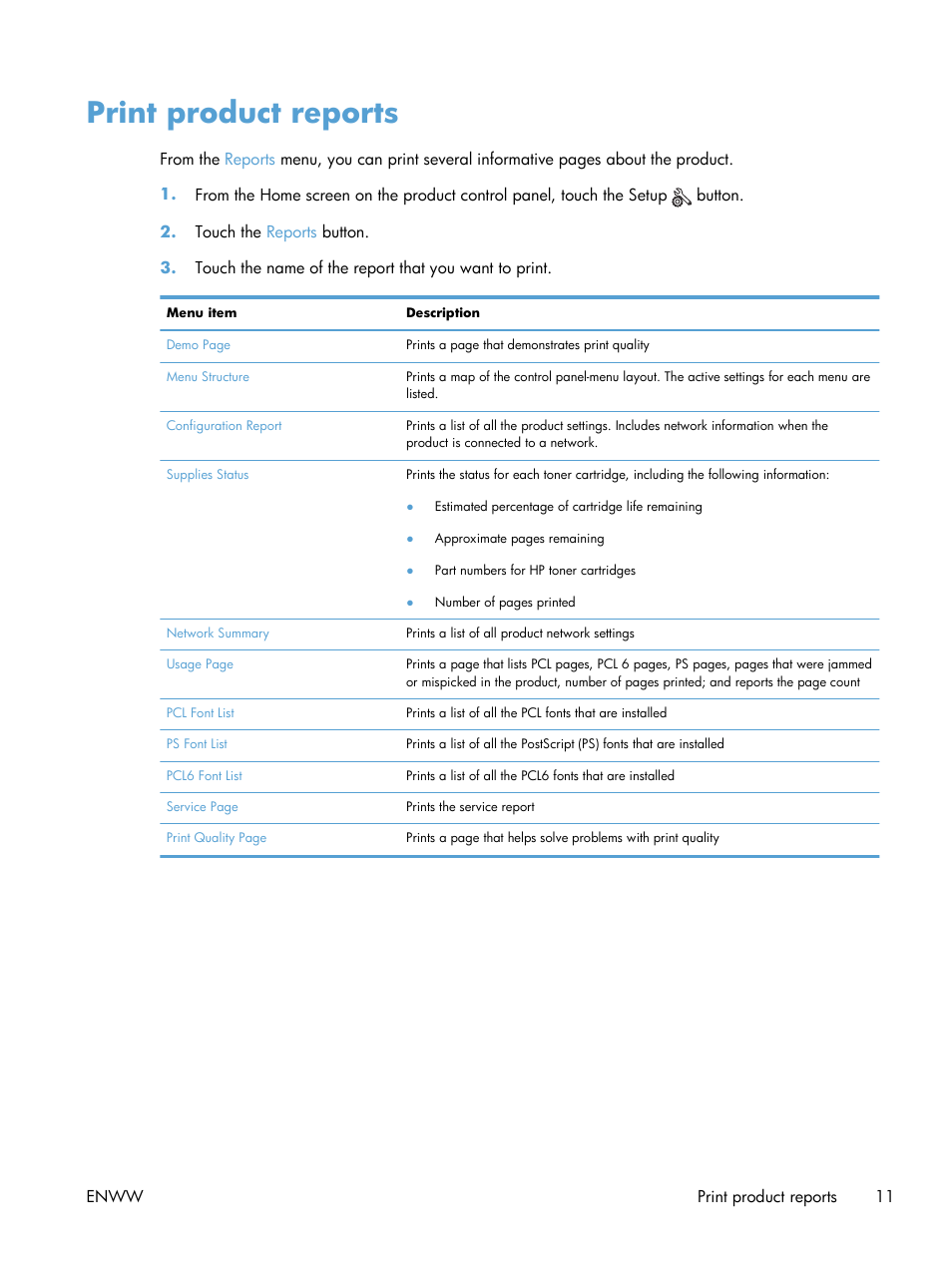 Print product reports | HP LaserJet Pro M521 Multifunction Printer series User Manual | Page 25 / 256