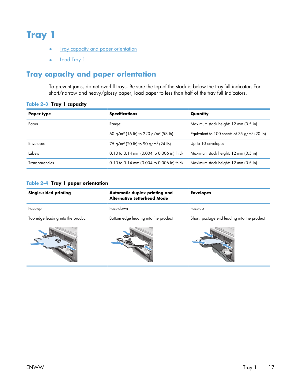 Tray 1, Tray capacity and paper orientation | HP LaserJet Pro M521 Multifunction Printer series User Manual | Page 31 / 256