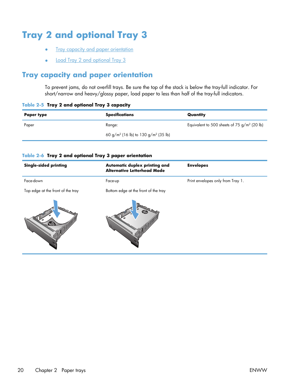 Tray 2 and optional tray 3, Tray capacity and paper orientation | HP LaserJet Pro M521 Multifunction Printer series User Manual | Page 34 / 256