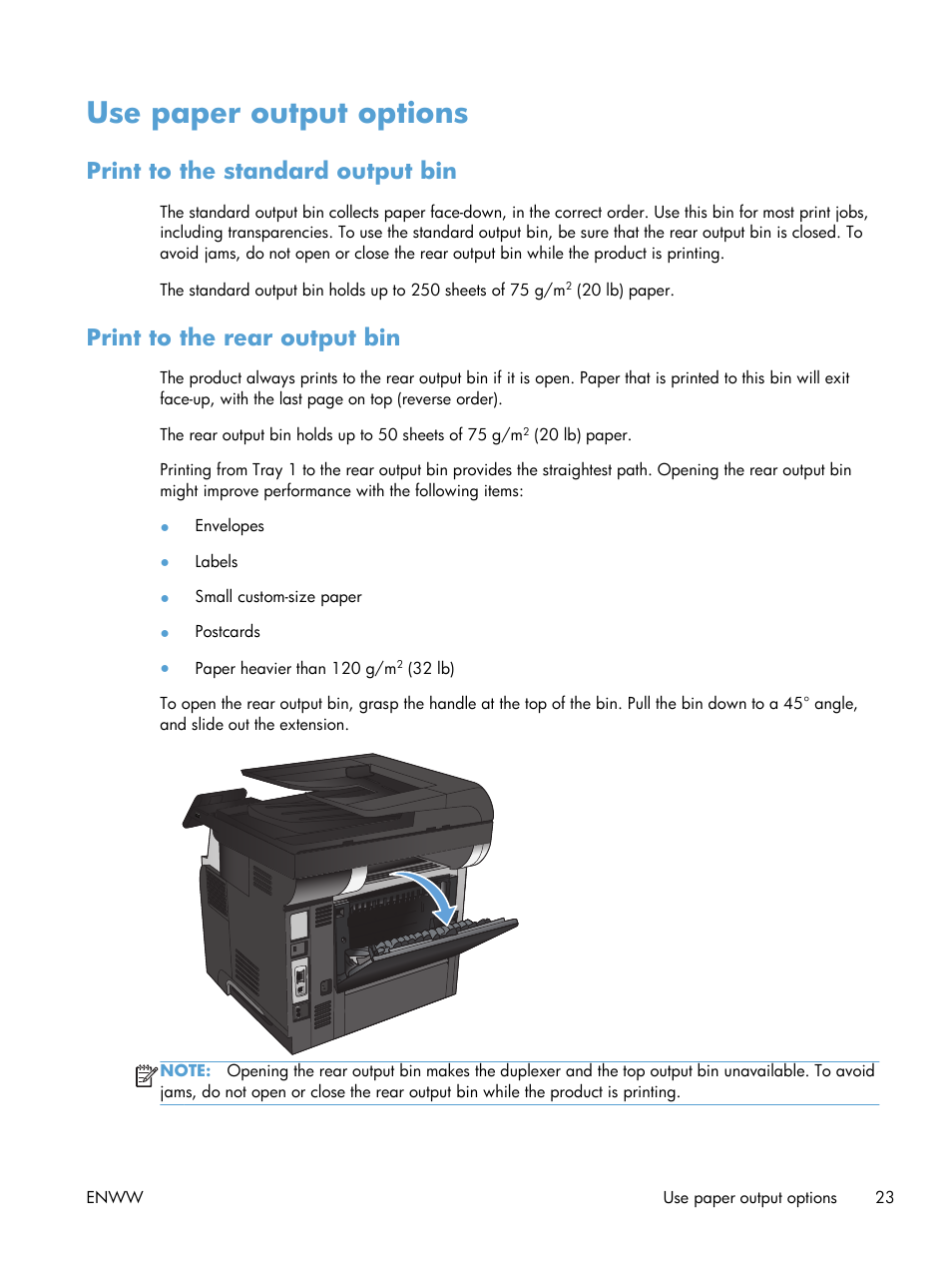 Use paper output options, Print to the standard output bin, Print to the rear output bin | HP LaserJet Pro M521 Multifunction Printer series User Manual | Page 37 / 256