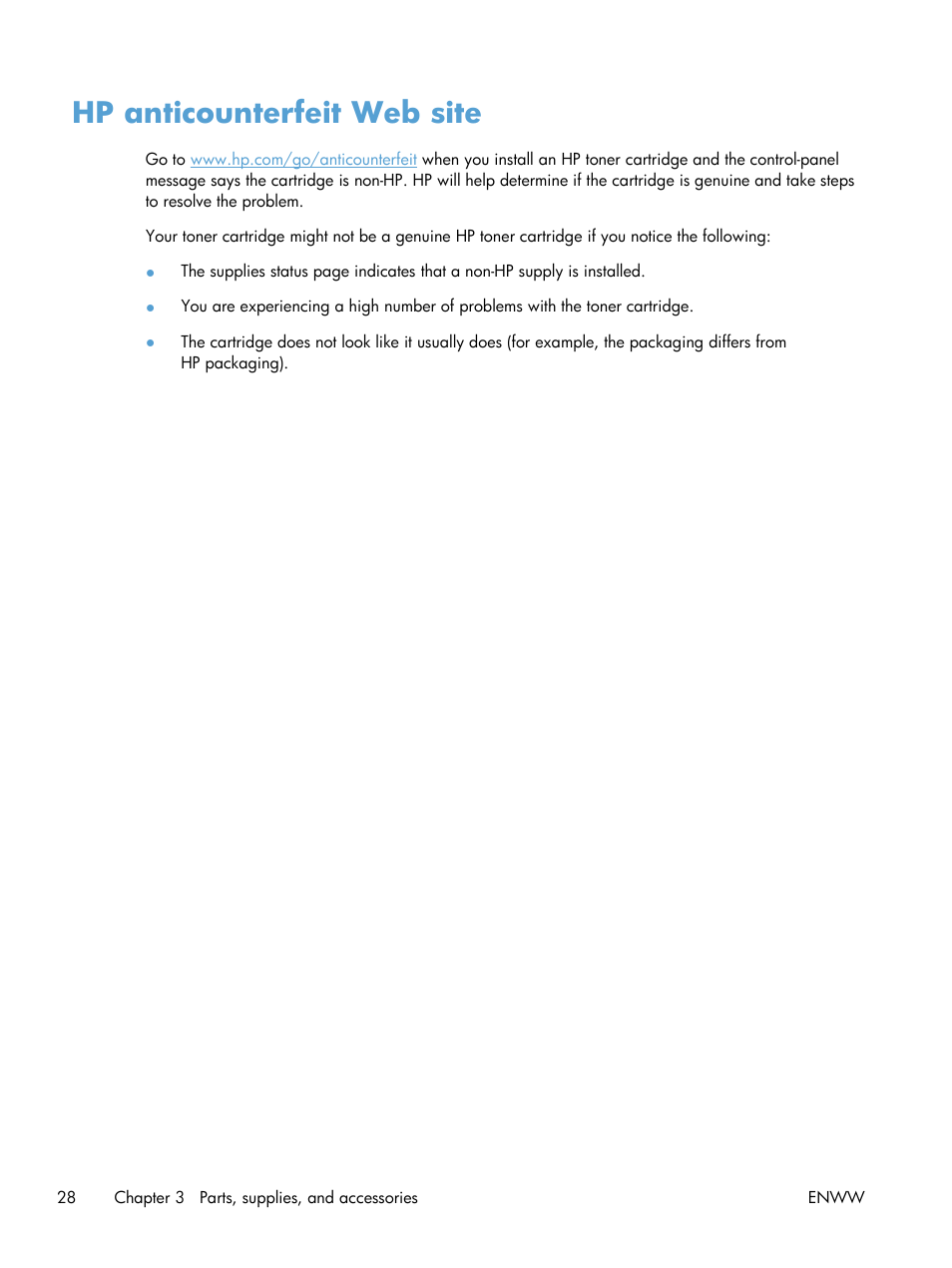 Hp anticounterfeit web site | HP LaserJet Pro M521 Multifunction Printer series User Manual | Page 42 / 256