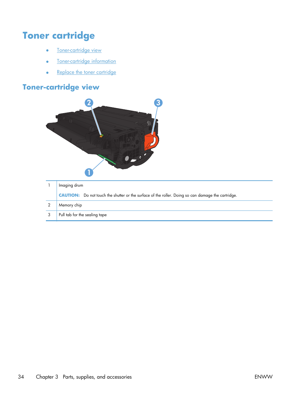 Toner cartridge, Toner-cartridge view, Toner-cartridge view 2 3 1 | HP LaserJet Pro M521 Multifunction Printer series User Manual | Page 48 / 256