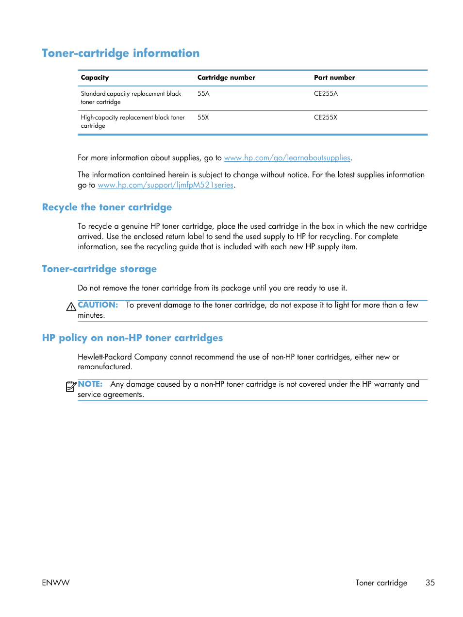 Toner-cartridge information, Recycle the toner cartridge, Toner-cartridge storage | Hp policy on non-hp toner cartridges | HP LaserJet Pro M521 Multifunction Printer series User Manual | Page 49 / 256