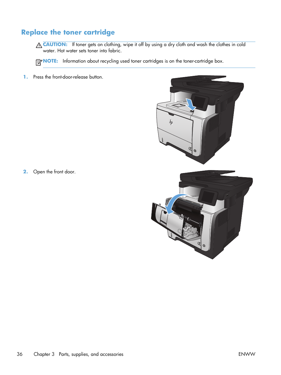 Replace the toner cartridge | HP LaserJet Pro M521 Multifunction Printer series User Manual | Page 50 / 256