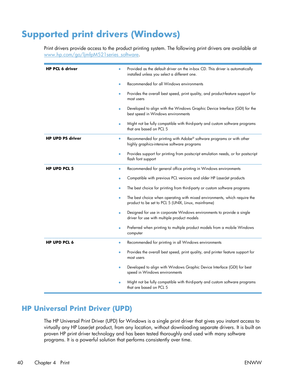 Supported print drivers (windows), Hp universal print driver (upd) | HP LaserJet Pro M521 Multifunction Printer series User Manual | Page 54 / 256