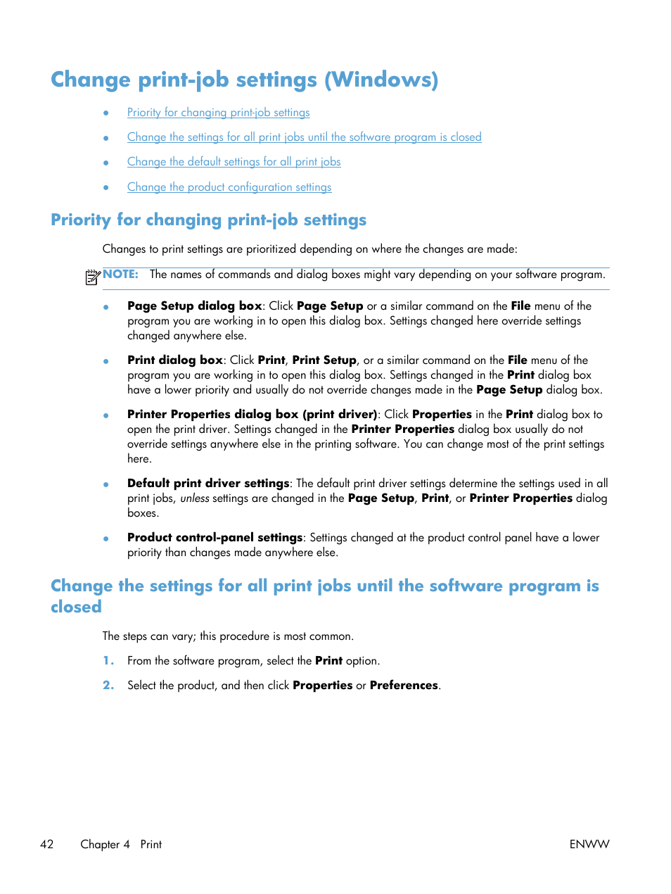 Change print-job settings (windows), Priority for changing print-job settings | HP LaserJet Pro M521 Multifunction Printer series User Manual | Page 56 / 256